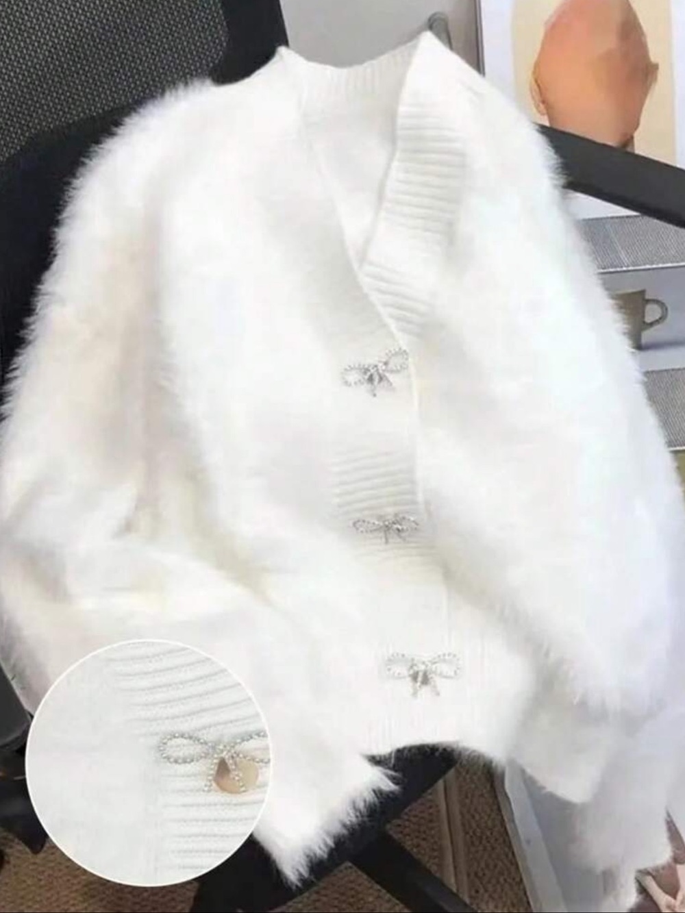 Women’s White Faux Cashmere Butterfly-Button Cardigan